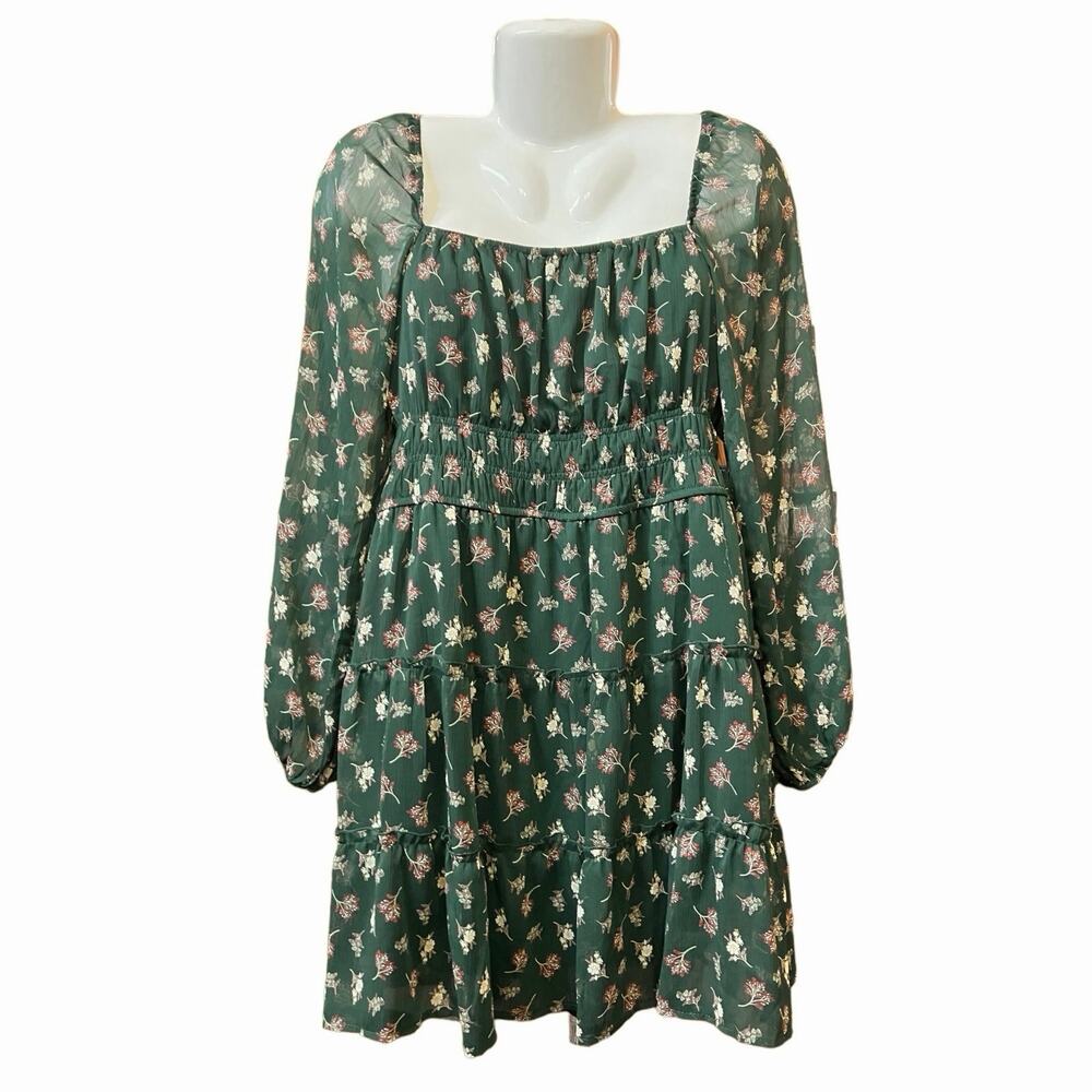 Trixxi Juniors Green Floral Smocked Square Neck Tiered Babydoll Dress | Size 13